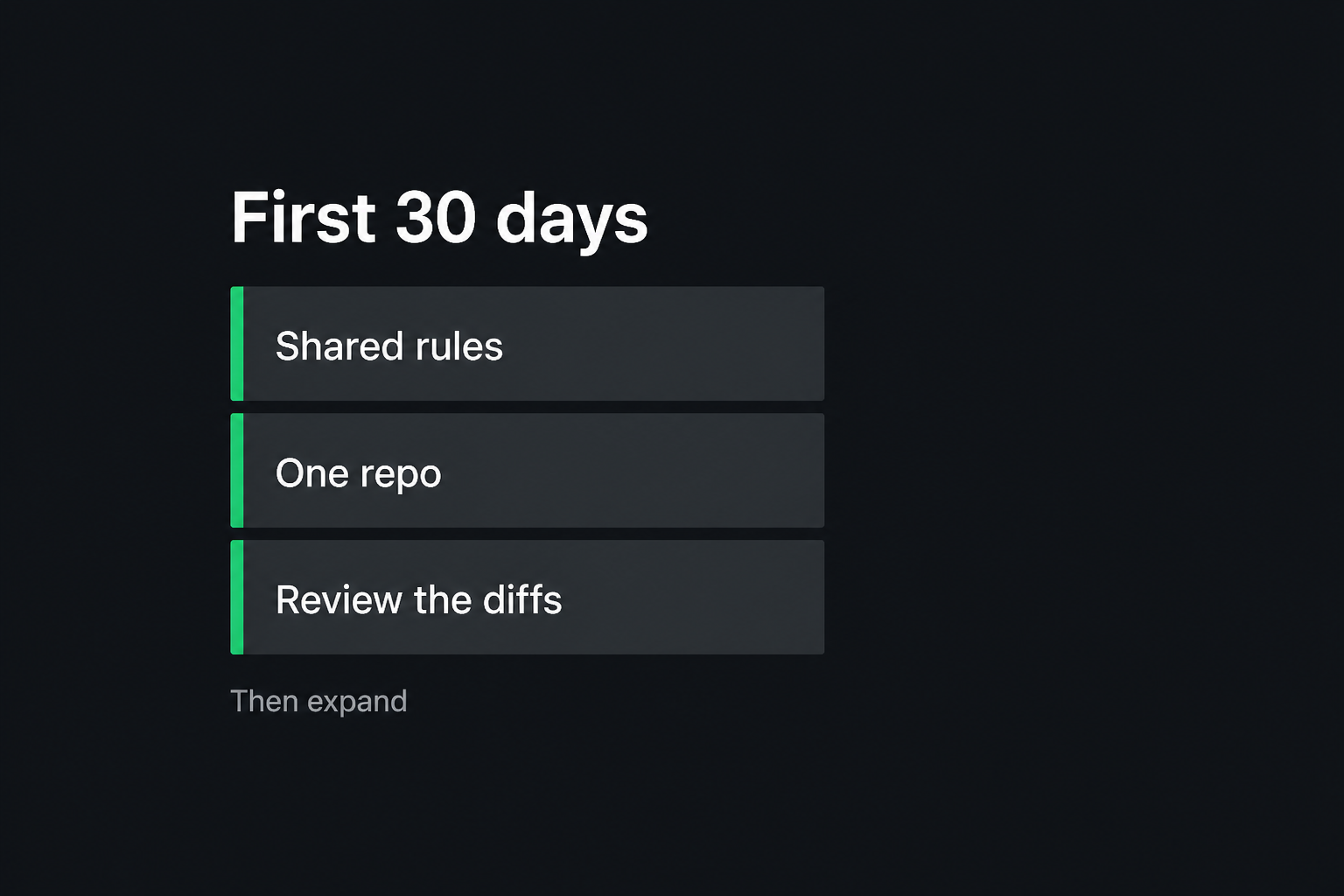 First 30 days: shared rules, one repo, review the diffs, then expand