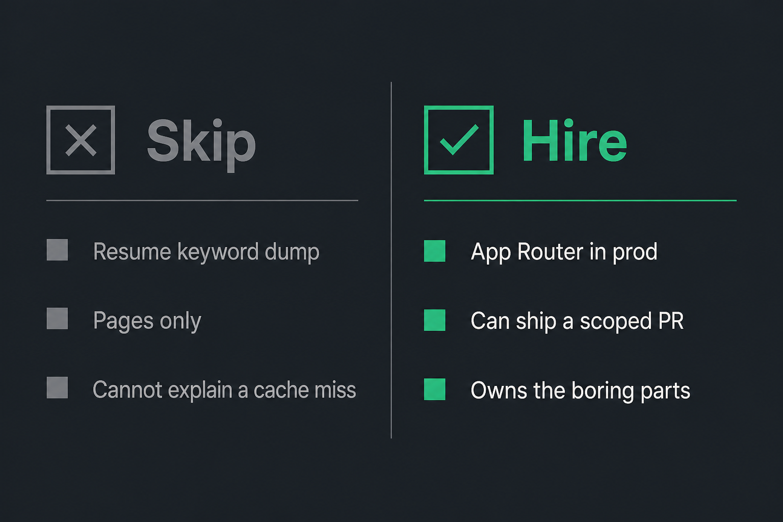 Skip vs hire: resume keyword dump and Pages only vs App Router in prod and a scoped PR