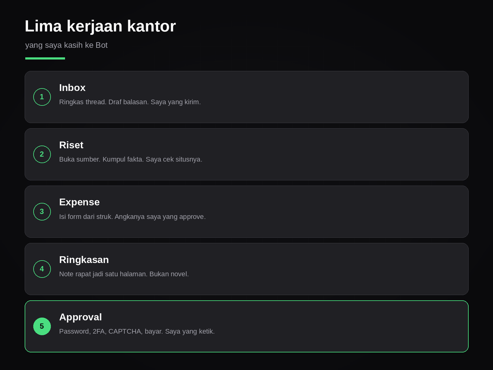 Lima kerjaan kantor yang saya kasih ke Bot