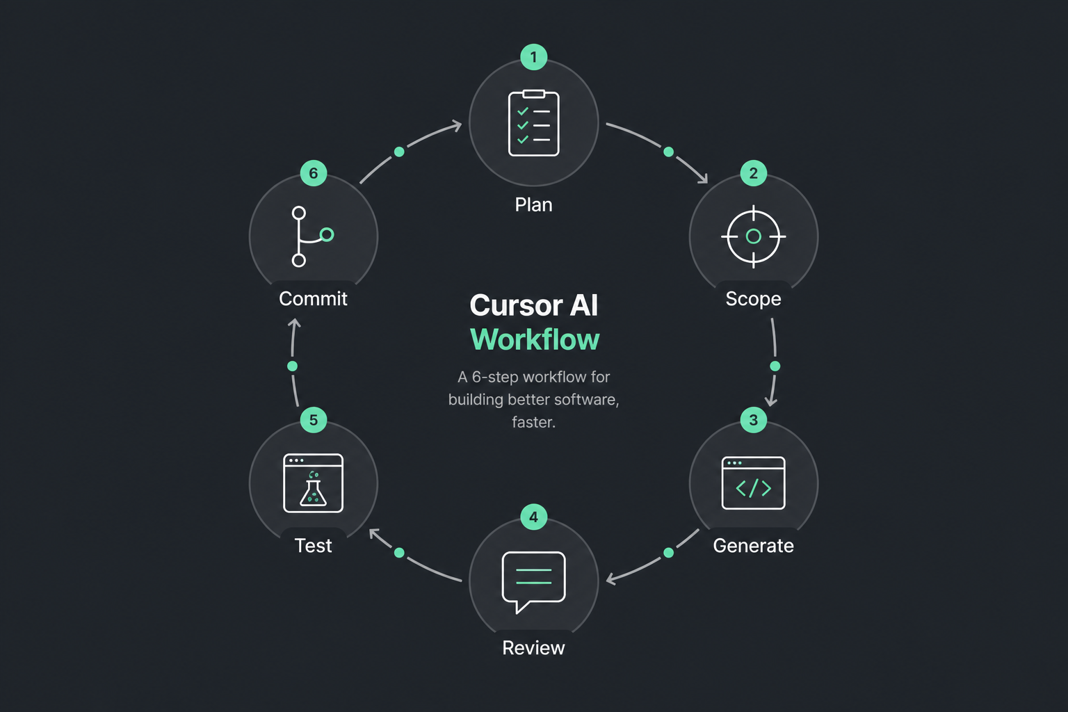 Plan, scope, generate, review, test, commit