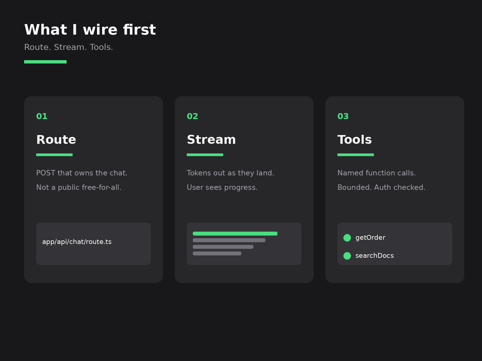 What I wire first: route, stream, tools