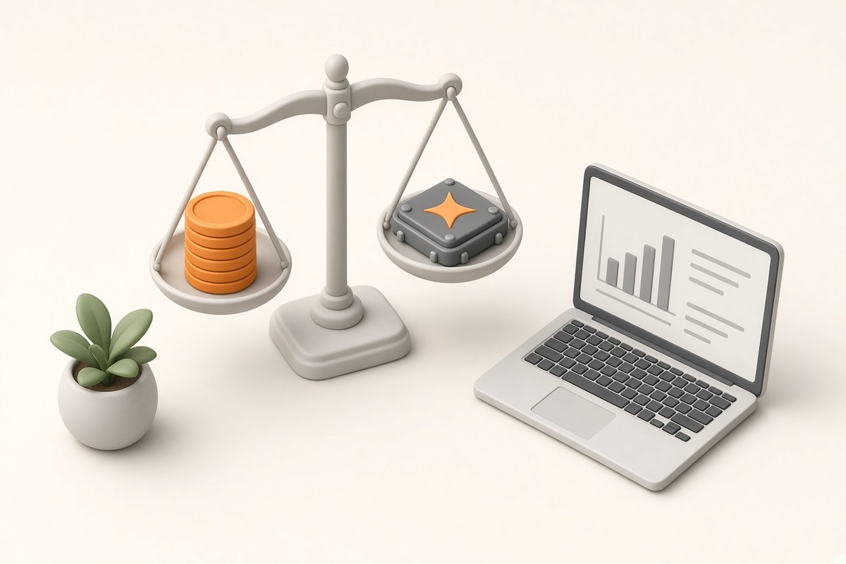 Illustration of a small business desk where coins and an AI chip are weighed on a scale beside a laptop