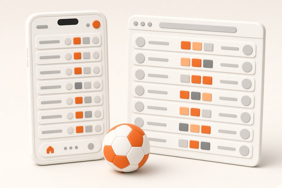 Ilustrasi daftar jadwal dan skor pertandingan yang rapi di ponsel dan browser, cocok untuk halaman ramah SEO