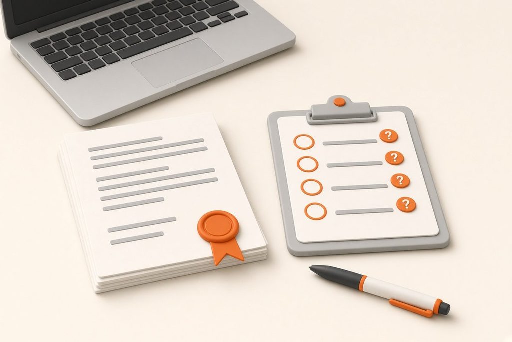 Illustration of a sealed contract, a checklist of questions and a pen on a desk beside a laptop
