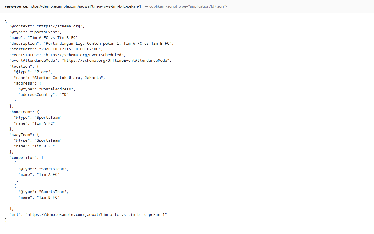 JSON-LD SportsEvent dari satu halaman pertandingan, terlihat lewat view-source di browser