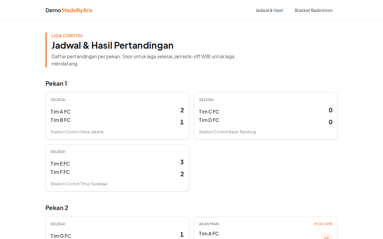 Halaman daftar jadwal dan hasil Liga Contoh di desktop, dikelompokkan per pekan, dengan skor untuk laga yang sudah selesai