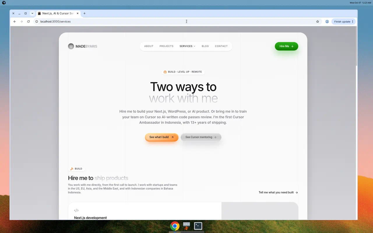 Halaman services madebyaris.com setelah upgrade ke Next.js 16.4.0