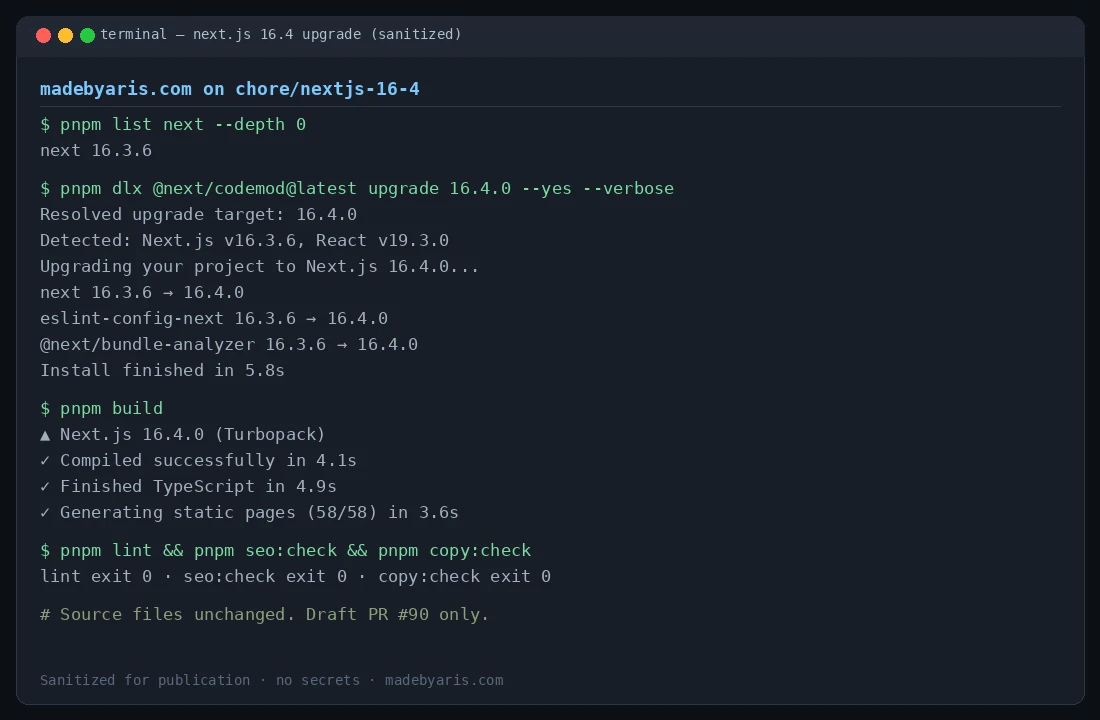 Terminal: upgrade madebyaris.com dari Next.js 16.3.6 ke 16.4.0 dengan codemod Next.js