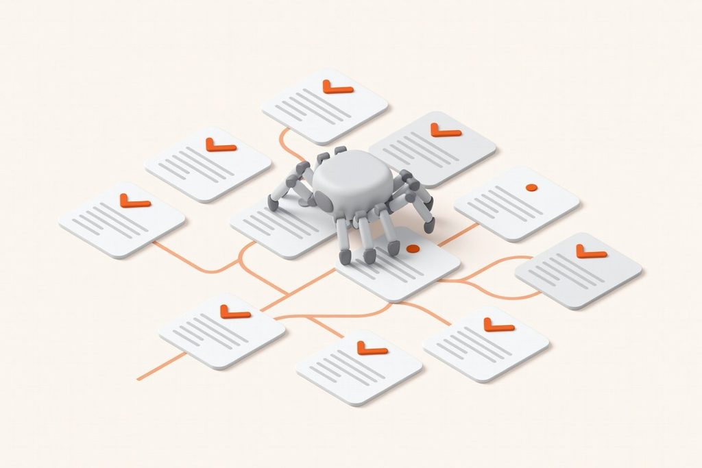 Illustration of a crawler bot moving across a site tree of web pages, most checked and one flagged
