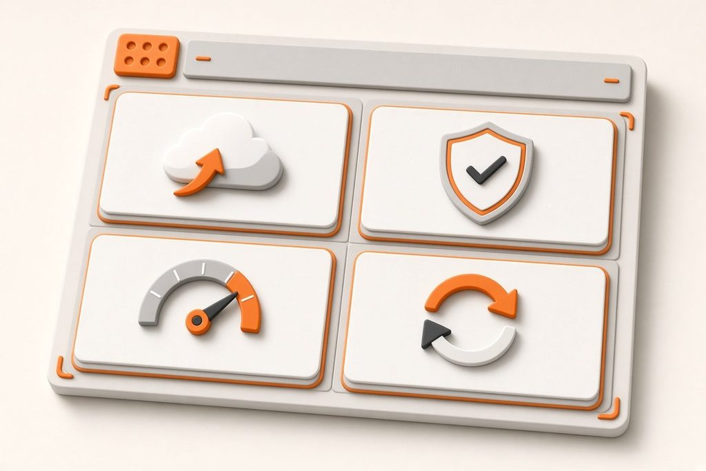 Illustration of a monthly plan board with backup, security, speed and update icons