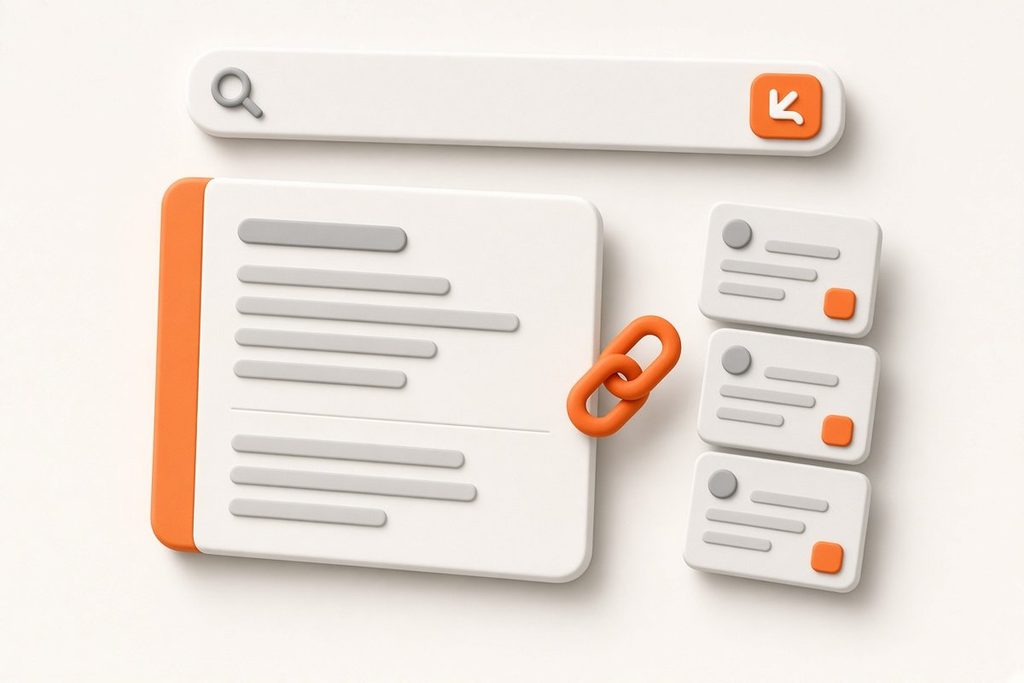 Illustration of a search bar above an AI summary card with linked source website cards beside it